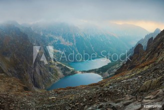 Bild på Morskie Oko lake in Tatra Mountains at sunset